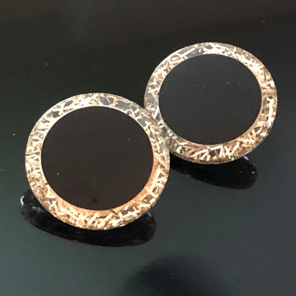 3/$32 VTG 60s Black/Clear Resin Silver Metal Foil Flakes Round Clip On Earrings - Picture 1 of 10